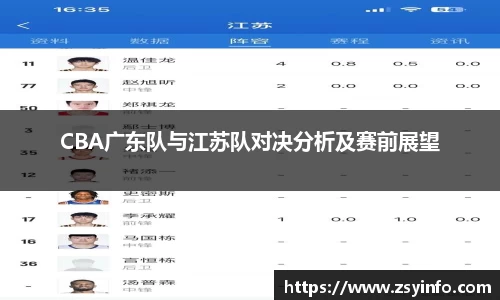 CBA广东队与江苏队对决分析及赛前展望